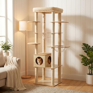 Modern Wooden Cat Tree – Multi-Level Condo with Sisal Scratching Posts, Cozy Platforms, Acrylic Bowl