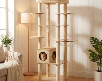 Árbol rascador moderno de madera para gatos: condominio de varios niveles con postes rascadores de sisal, plataformas acogedoras y cuenco acrílico.