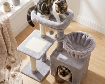 Árbol rascador multinivel de felpa para gatos con hamaca y casita, postes rascadores de sisal, muebles para mascotas de interior