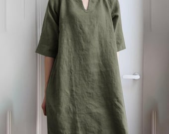Cotton Linen Tunic Dress Women Loose Fit V Neck Casual Minimal Summer Plus Size