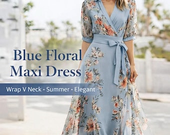 Blue Floral Wrap Midi Dress Women Elegant Summer Outfit Casual Party Wear Boho Style