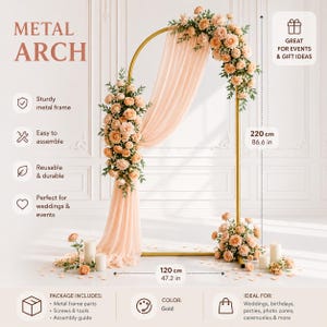 May include: A gold metal arch measuring 220 cm or 86.6 inches in height and 120 cm or 47.2 inches in width. The frame is decorated with peach-colored floral arrangements and draped with matching peach fabric, accompanied by pillar candles.