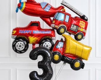 Construction Balloon Bouquet, Fire Truck Airplane Dump Truck Balloons, 3rd Birthday Boy Party Decorations, Vehicle Theme Decor