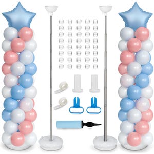 May include: A balloon arch kit featuring two columns of balloons in white, pink, and blue, topped with a blue star. The kit includes balloon stands, cups, tape, and a hand pump for inflation.