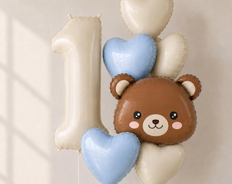 Blue Teddy Bear 1st Birthday Balloon Decoration Kit, Beige Number Balloon Set, Baby Boy Birthday Balloons