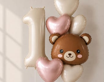 Roze teddybeer ballondecoratieset 1e verjaardag, beige cijferballonset, verjaardagsballonnen babymeisje