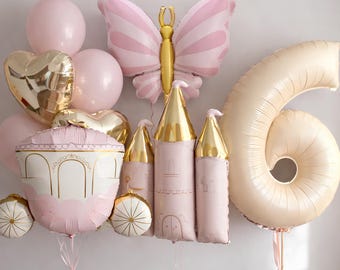 Prinzessinnenschloss-Ballondekorationsset, Schmetterlings- und Kutschen-Geburtstagsballons, Mädchengeburtstagsdeko