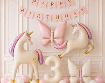 Unicorn Balloon Decoration Set, Butterfly Balloons, Pastel Birthday Decor, Magical Princess Party