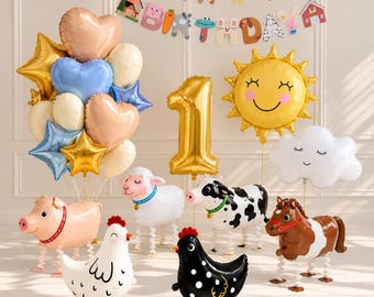 May include: A festive balloon arrangement featuring a gold number one, a smiling sun, a white cloud, and various farm animal balloons including a pig, sheep, cow, horse, and chickens. A Happy Birthday banner hangs in the background.