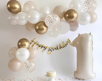 First Birthday Balloon Decoration Kit, Neutral Beige Gold Party Decor, Cream Number 1 Balloon, Luxury Birthday Setup