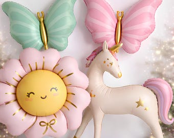 Unicorn Birthday Balloon Set, Butterfly Balloons, Daisy Flower Balloon, Pastel Party Decor, Princess Birthday Decorations, Girls Party