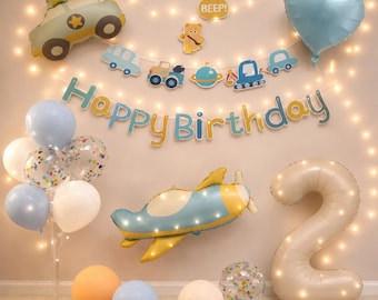 Transportation Birthday Balloon Decoration Kit, Airplane & Police Car Party Decor with Number Balloon, Balloon Stand and Banner