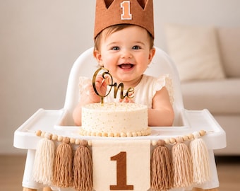 Neutral Brown Beige First Birthday Crown and High Chair Banner Set, 1st Birthday Decor, Baby Boy Baby Girl Birthday Decorations