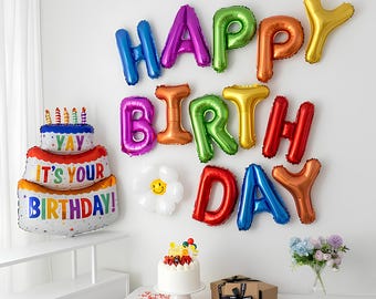 Happy Birthday Balloon Banner Set, Colorful or Black Party Decor, Cake Foil Balloon, Kids Birthday Backdrop