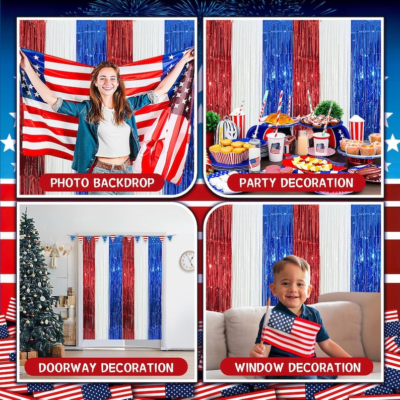 Independence Day Fringe Curtain Backdrop, 4th of July Decorations, Patriotic Photo Booth Background, Red White Blue Party Decor