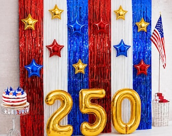 Independence Day Fringe Curtain Backdrop, 4th of July Decorations, Patriotic Photo Booth Background, Red White Blue Party Decor