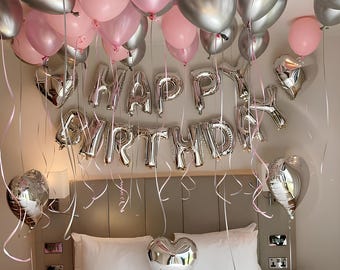 Pink Birthday Balloon Kit, Silver Heart Balloons, Romantic Hotel Room Decor, Happy Birthday Surprise Setup for Her