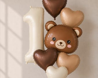 Kit de décoration de ballons pour 1er anniversaire d'un ours en peluche marron, ensemble de ballons chiffres beiges, ballons d'anniversaire de bébé garçon