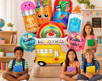 Back to School Balloon Kit, Welcome Classroom Party Decor, School Bus Rainbow Crayons