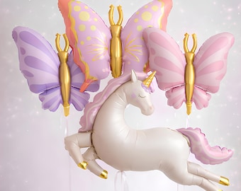 Unicorn Balloon Decoration Set, Butterfly Balloons, Pastel Birthday Decor, Magical Princess Party