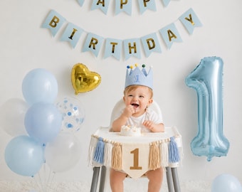 Blue Beige First Birthday Crown and High Chair Banner Set, Boho Neutral Boy Decor