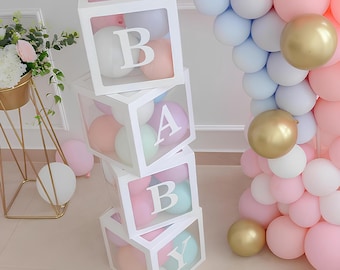 Cajas de globos con la letra BABY, cajas blancas con decoración de globos BABY para baby shower, fiesta de revelación de género, juego de cajas de globos para bebé
