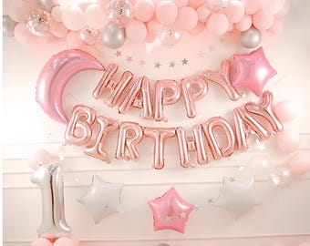 Pink First Birthday Balloon Arch Kit, 1st Birthday Girl Decorations, Happy Birthday Banner, Baby Girl Party Decor, Pink Birthday