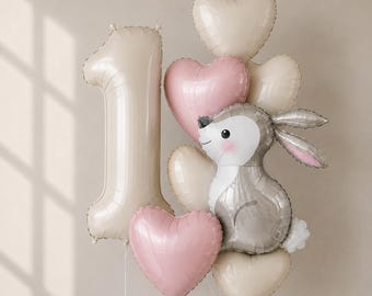 Kit de décoration de ballons pour le 1er anniversaire d'un lapin rose, ensemble de ballons chiffres beiges, ballons d'anniversaire pour bébé fille