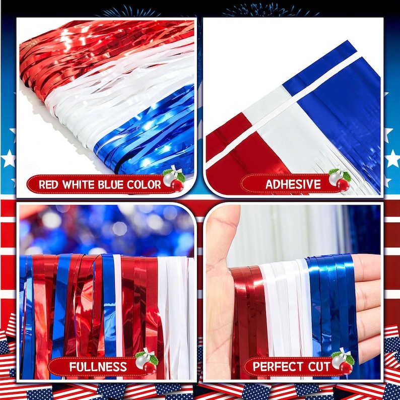Independence Day Fringe Curtain Backdrop, 4th of July Decorations, Patriotic Photo Booth Background, Red White Blue Party Decor
