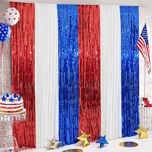 Independence Day Fringe Curtain Backdrop, 4th of July Decorations, Patriotic Photo Booth Background, Red White Blue Party Decor