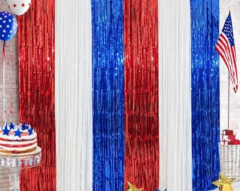Independence Day Fringe Curtain Backdrop, 4th of July Decorations, Patriotic Photo Booth Background, Red White Blue Party Decor