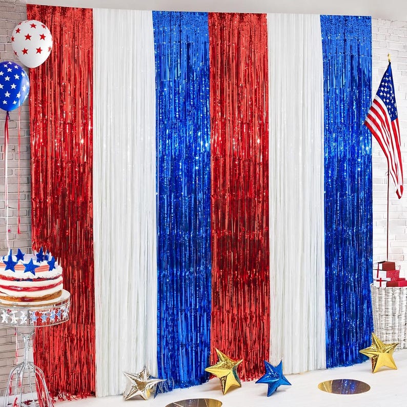 Independence Day Fringe Curtain Backdrop, 4th of July Decorations, Patriotic Photo Booth Background, Red White Blue Party Decor