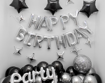 Black Silver Birthday Balloon Kit, Disco Party Decorations, Adult Birthday Decor, Chrome Balloons, Modern Party Setup