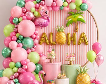Hawaiian Party Decorations Kit, Aloha Luau Birthday Decor, Tropical Flamingo Pineapple Palm Tree Balloons, Summer Party Backdrop