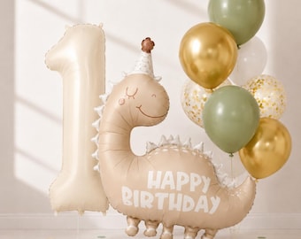 Dinosaur Birthday Balloon Set, Dino Foil Balloon, 32 Inch Number Balloons, Neutral First Birthday Decor, Kids Party Decoration