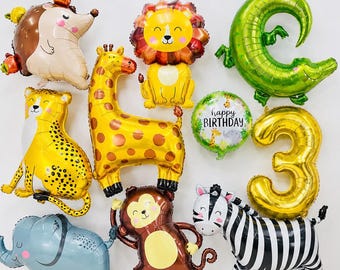 Safari Animal Balloons Set with Custom Number Balloon, Jungle Birthday Decorations, Zoo Party Decor for Kids, Wild One Theme
