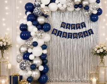 Blue Silver Birthday Balloon Arch Kit, Elegant Party Backdrop, Navy Balloon Garland, Fringe Curtain Birthday Decor