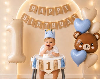 Conjunto de Coroa e Faixa para Cadeirão de Bebê em Tons de Azul e Bege, Decoração para Primeiro Aniversário, Decorações para Aniversário de Menino e Menina
