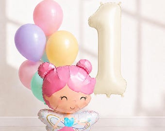 Fairy Balloon Set, Princess Birthday Balloon, 32 Inch Number Balloon, Girls Birthday Decoration, Pastel Party Decor