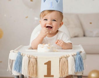 Blauwbeige bannerset eerste verjaardag kroon en kinderstoel, decor 1e verjaardag, verjaardagsdecoratie babyjongen babymeisje