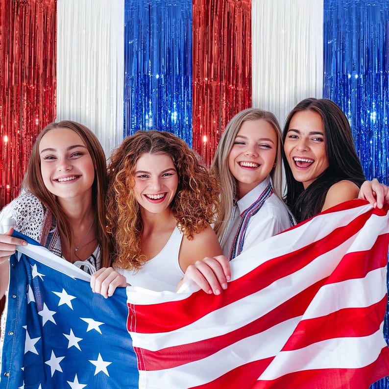 Independence Day Fringe Curtain Backdrop, 4th of July Decorations, Patriotic Photo Booth Background, Red White Blue Party Decor