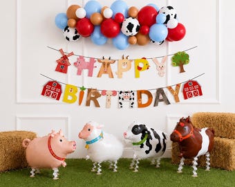 Farm Animal Balloon Kit, Barnyard Birthday Decorations, Cow Pig Sheep Horse Balloon Garland, Farm Party Decor