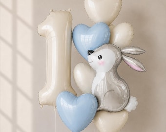 Blue Bunny 1st Birthday Balloon Decoration Kit, Beige Number Balloon Set, Baby Boy Birthday Balloons