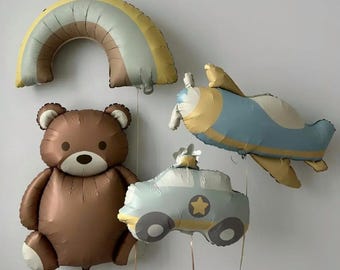 Teddy Bear Balloon Set, Neutral Baby Shower Decor, Airplane & Rainbow Foil Balloons, Boho Birthday Party Decorations