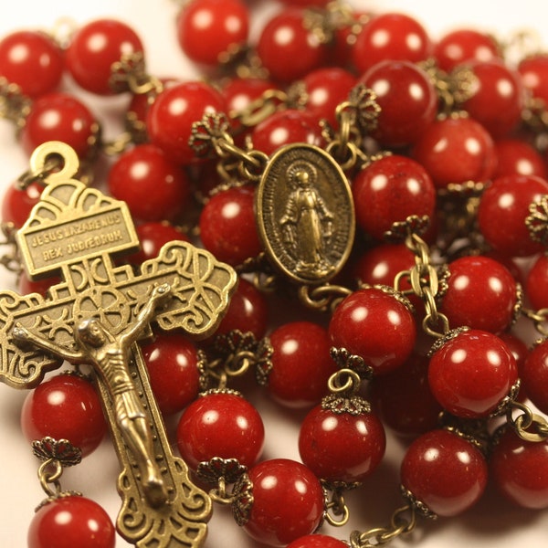 10mm Dark Red Jade Rosary in Bronze made in Oklahoma