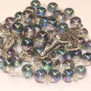 10mm Prizm Glass Rainbow Rosary in Silver with Pardon Crucifix made in Oklahoma