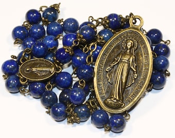 Lapis Miraculous Seven Sorrows Rosary 7 decades of 7 beads Chaplet in bronze made Oklahoma  Small 8mm Beads