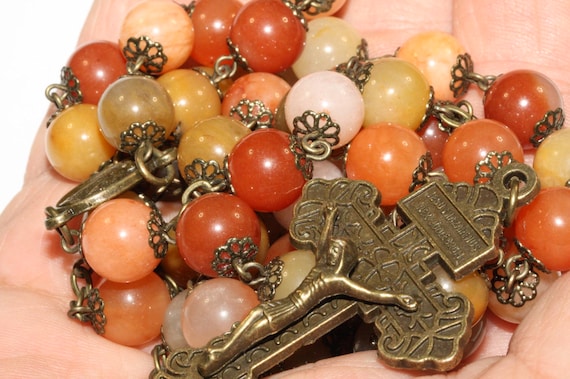 Handmade Orange Jade Rosary with Bronze Pardon Crucifix