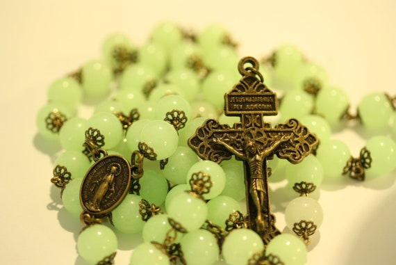 10mm Glow in the Dark Rosary in Bronze with Pardon Crucifix Handmade in Oklahoma