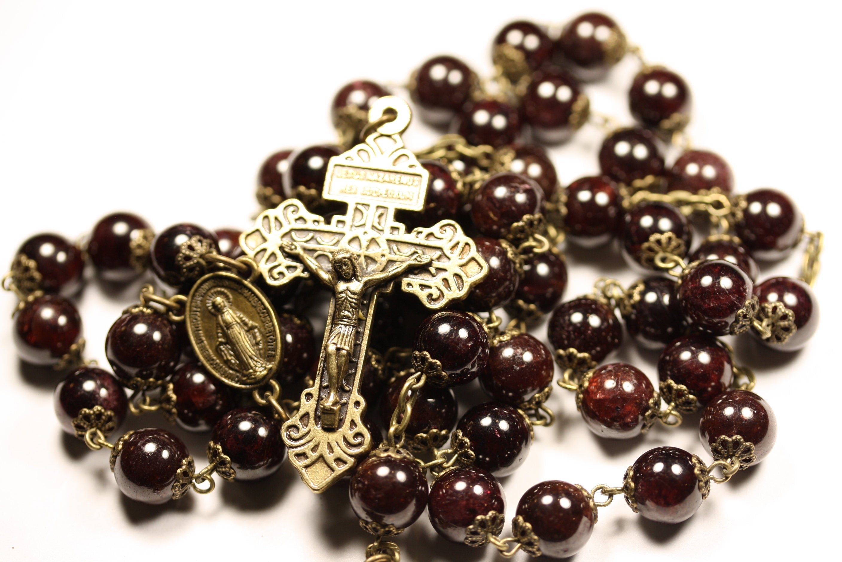 High Quality Garnet Rosary With Pardon Crucifix Wire-Wrapped in Bronze